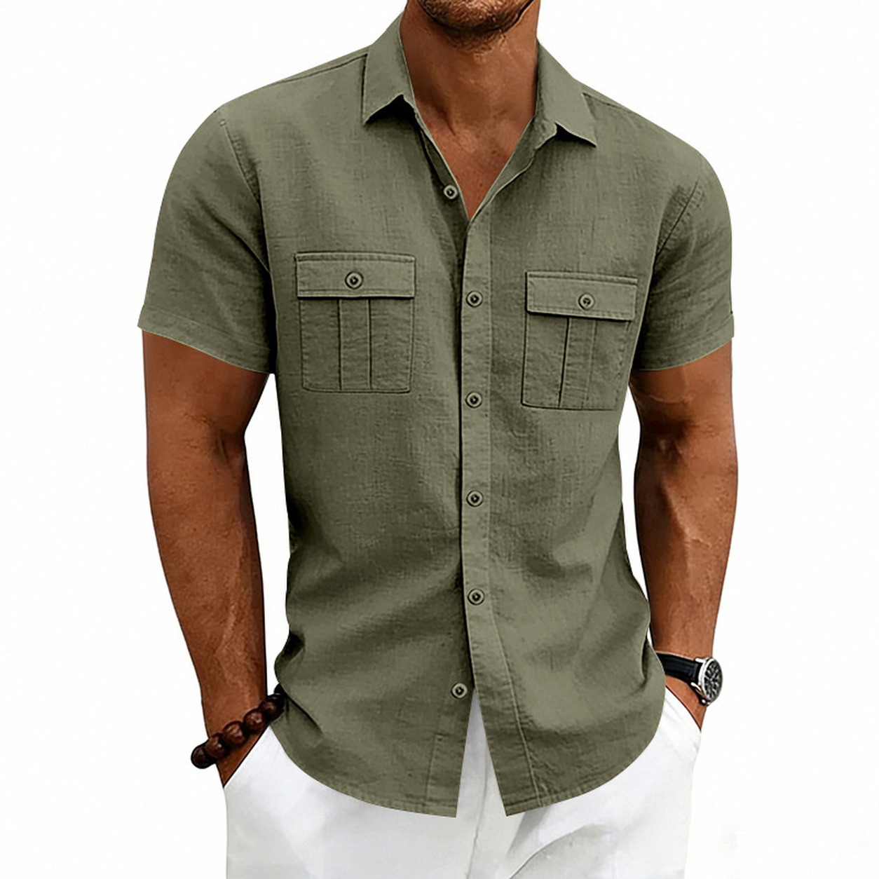 Men's olive green short sleeve linen-blend utility shirt model wearing image