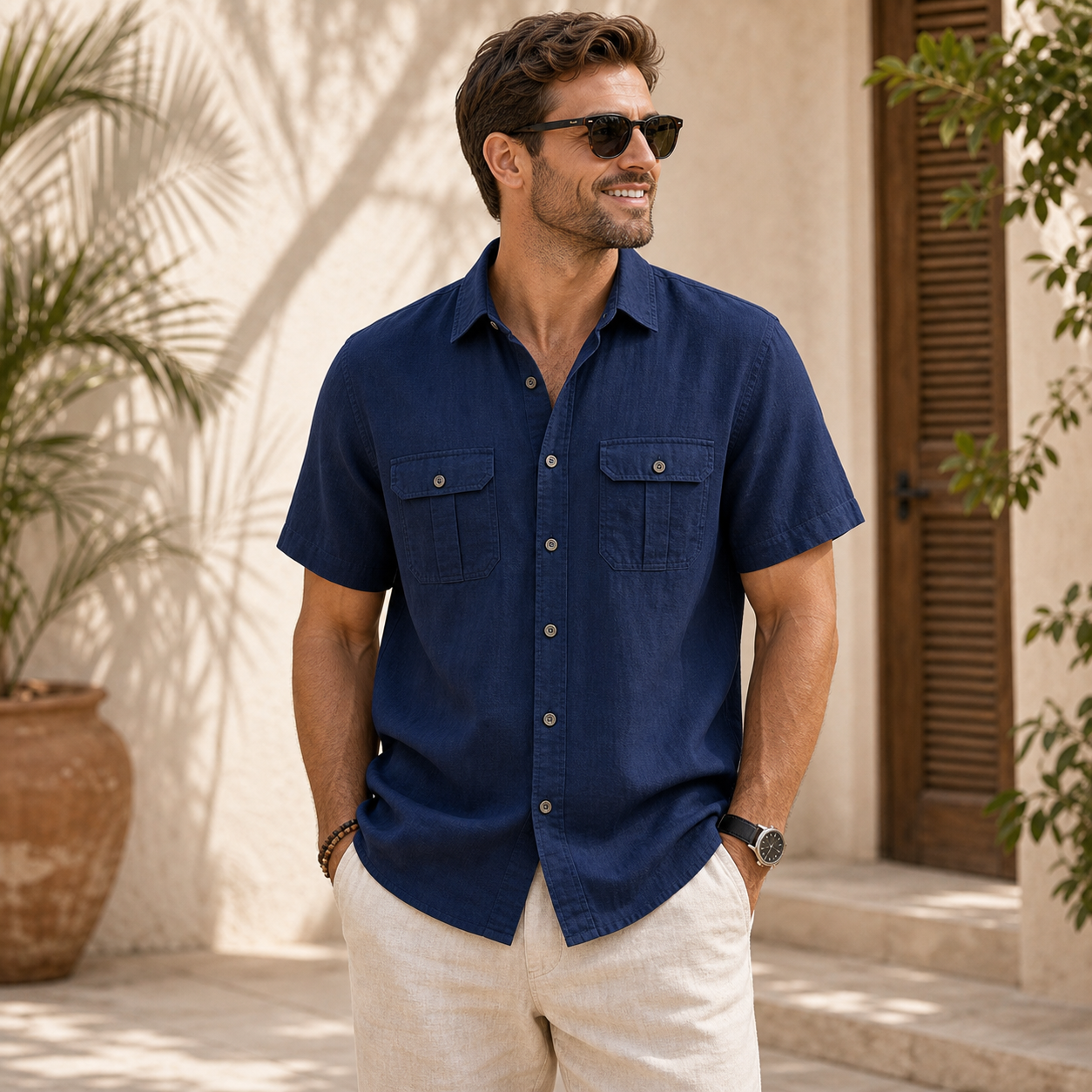 Men's Short Sleeve Linen-Blend Utility Shirt