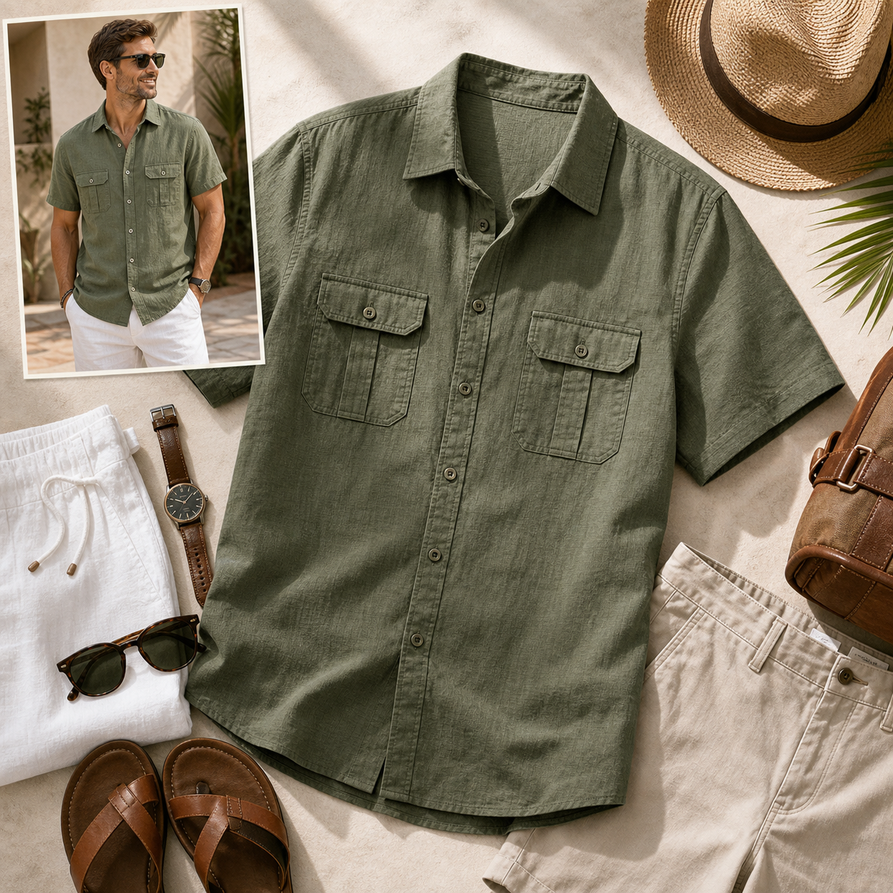 Men's short sleeve utility shirt outfit pairing image