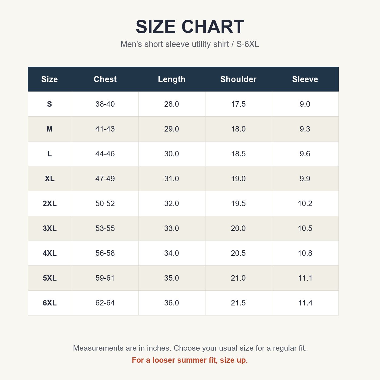 Men's short sleeve utility shirt size chart S to 6XL