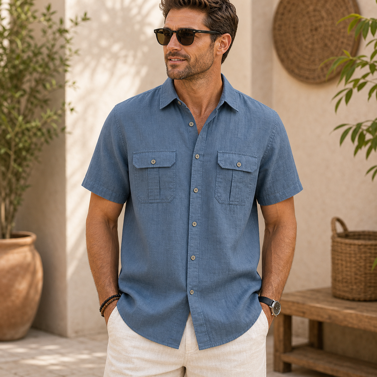 Men's Short Sleeve Linen-Blend Utility Shirt