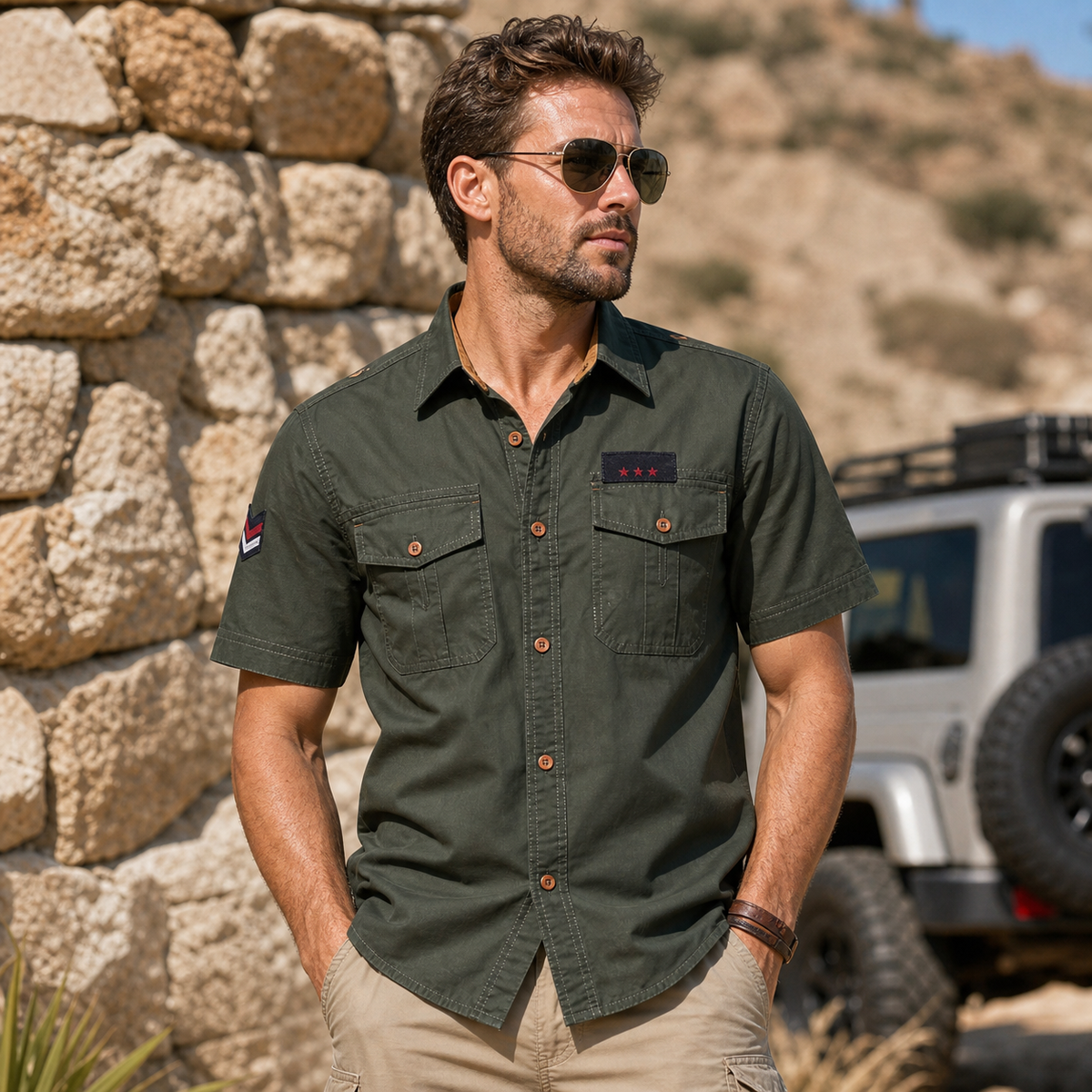 Men's embroidered patch short sleeve utility shirt model wearing
