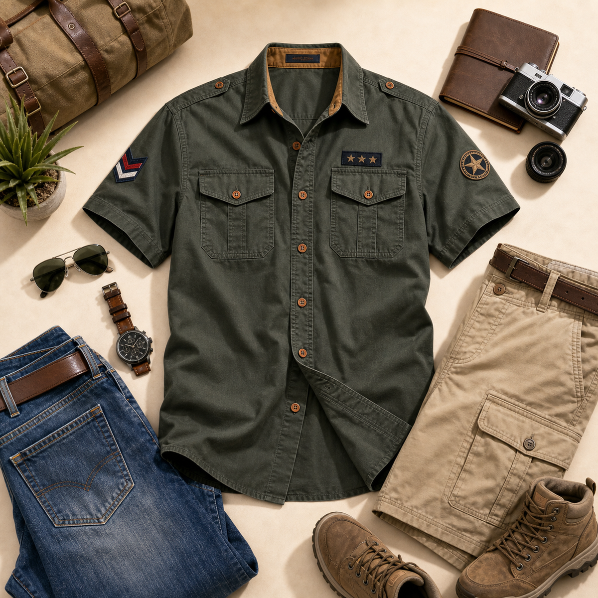 Men's short sleeve utility shirt outfit pairing