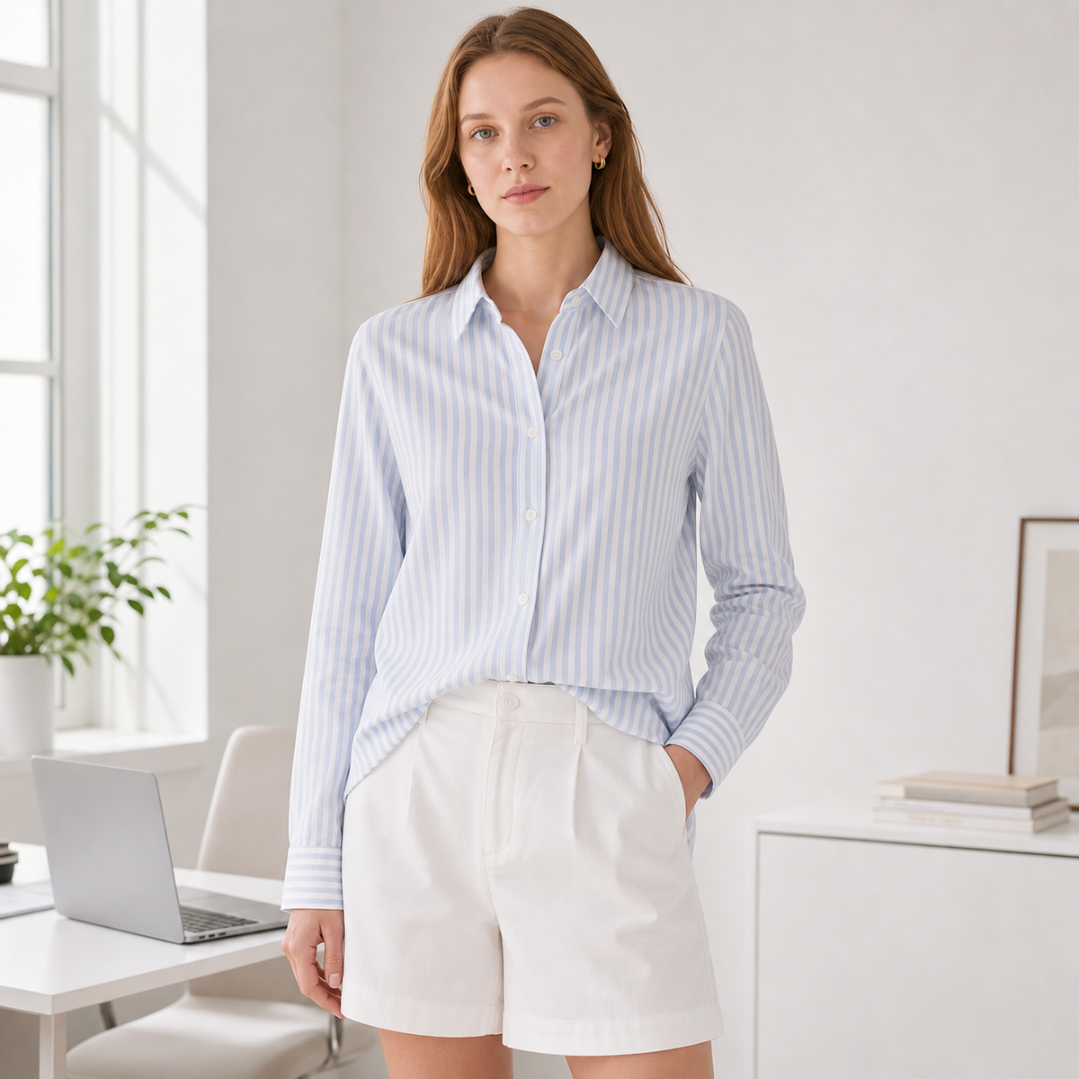 Women's striped button-up long sleeve shirt model wearing