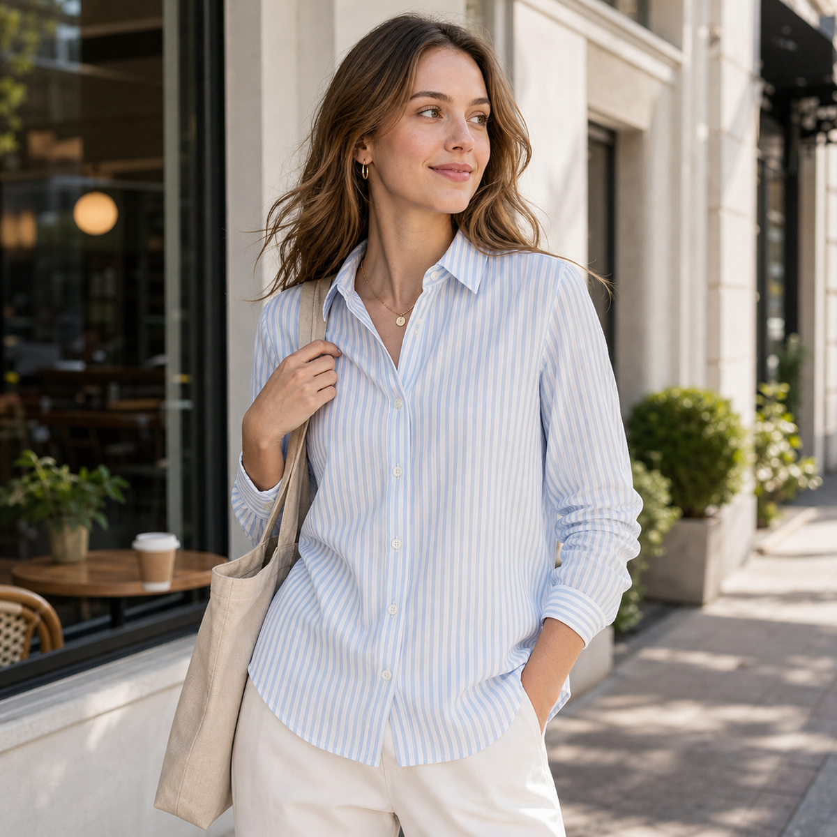 Women's striped long sleeve shirt casual scene