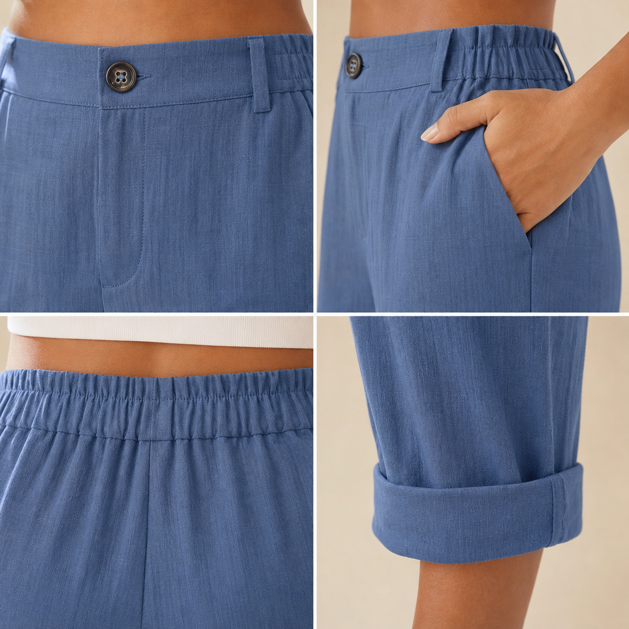 Close-up details of button waist side pocket elastic back and rolled cuff fabric
