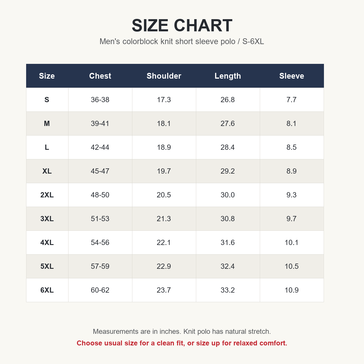 Men's colorblock polo size chart S-6XL