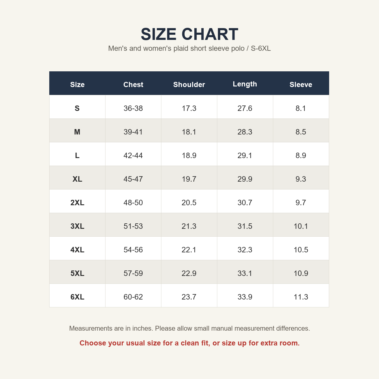 Plaid short sleeve polo size chart S-6XL