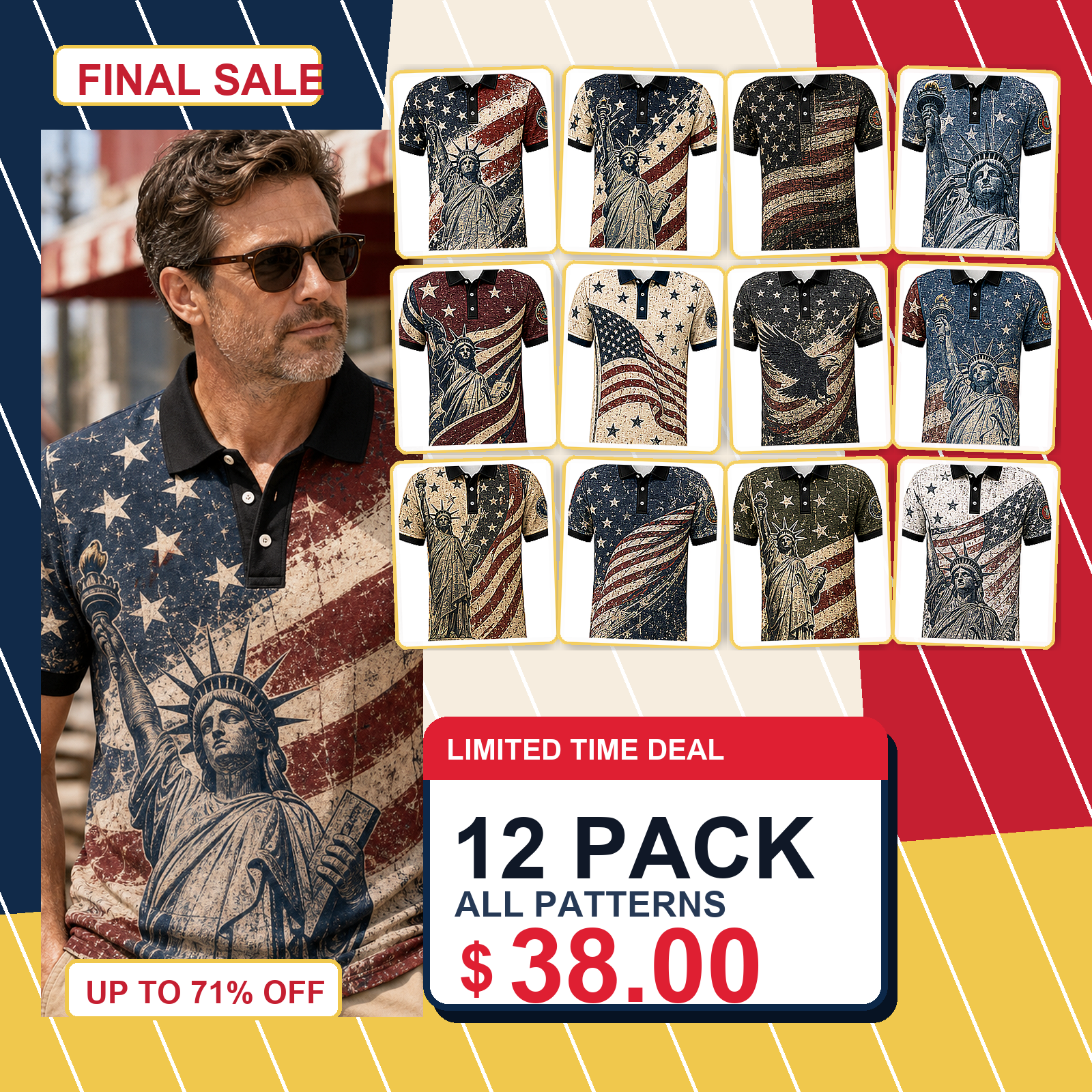 Men's Patriotic Statue Graphic Short Sleeve Polo Shirt