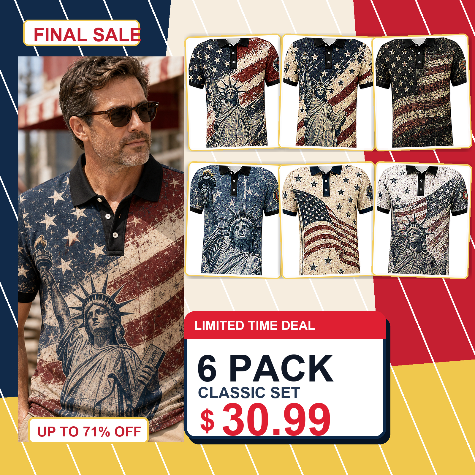 Men's Patriotic Statue Graphic Short Sleeve Polo Shirt