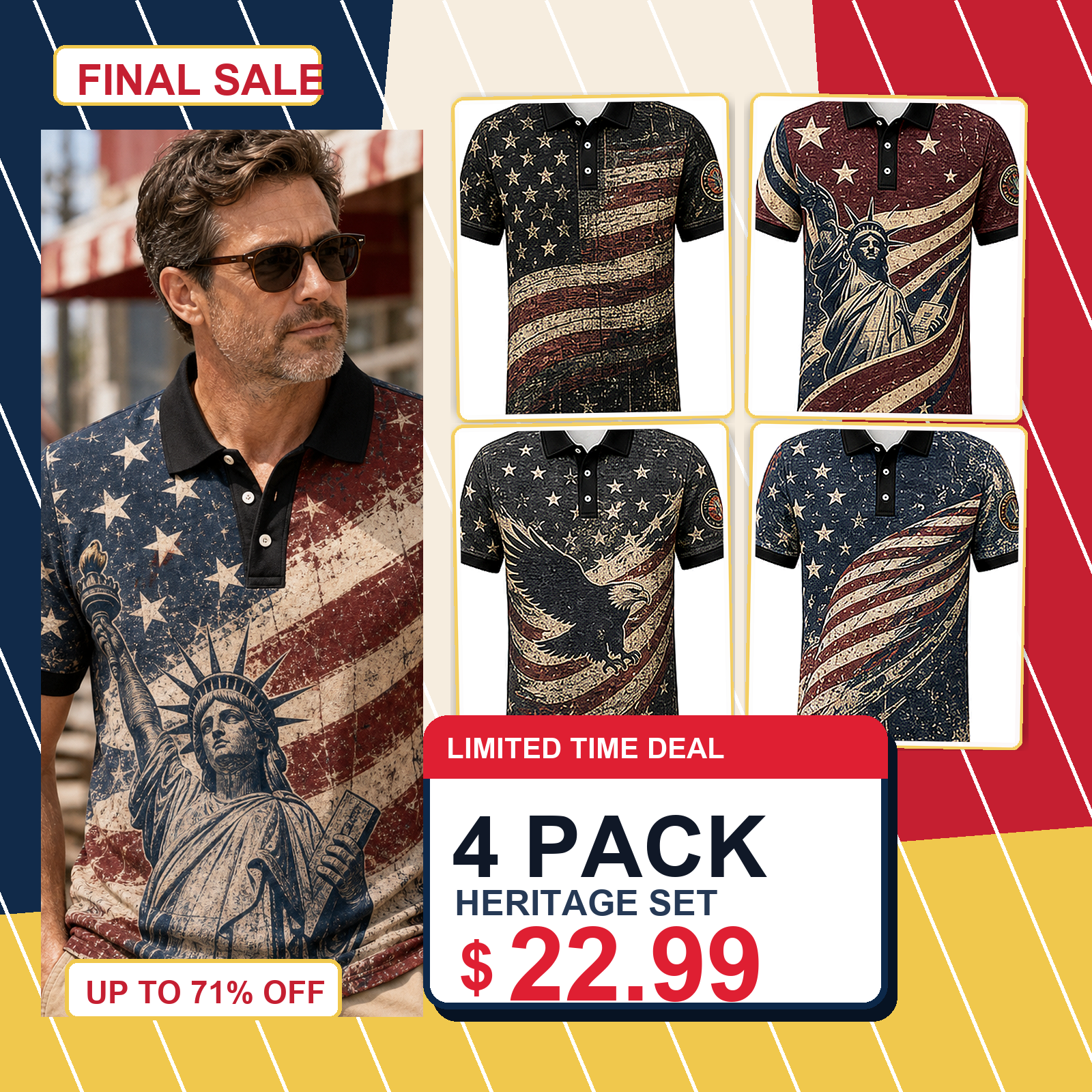 Men's Patriotic Statue Graphic Short Sleeve Polo Shirt