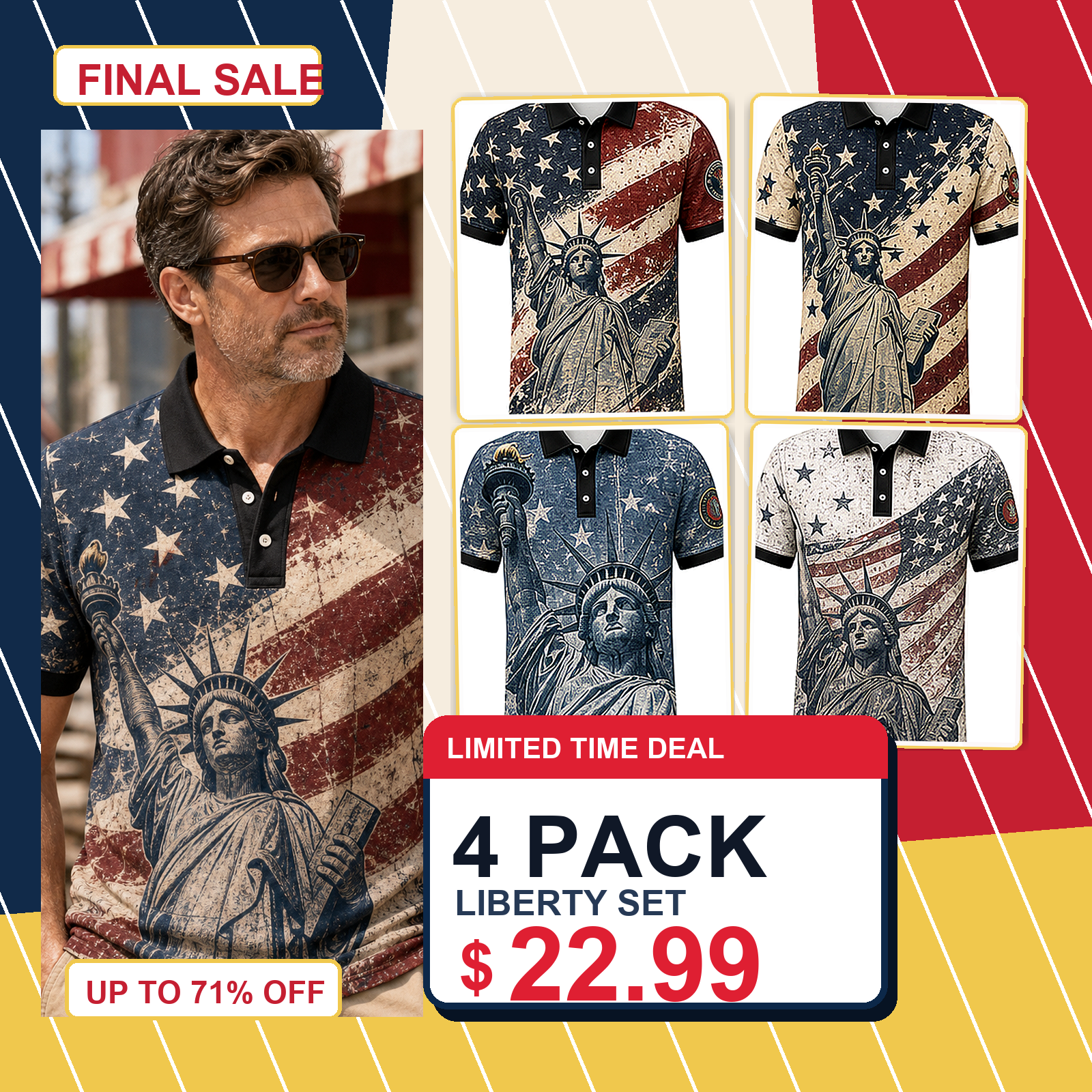 Men's Patriotic Statue Graphic Short Sleeve Polo Shirt