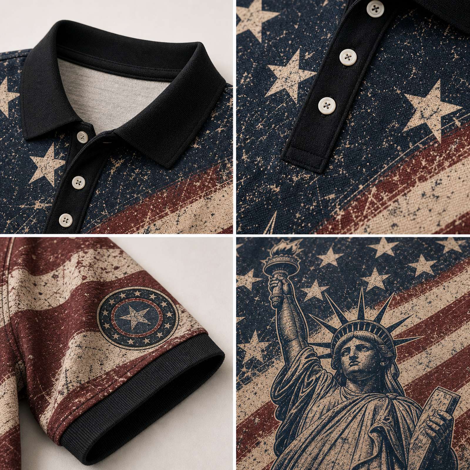 Close-up details of black collar three-button placket sleeve cuff and patriotic graphic fabric