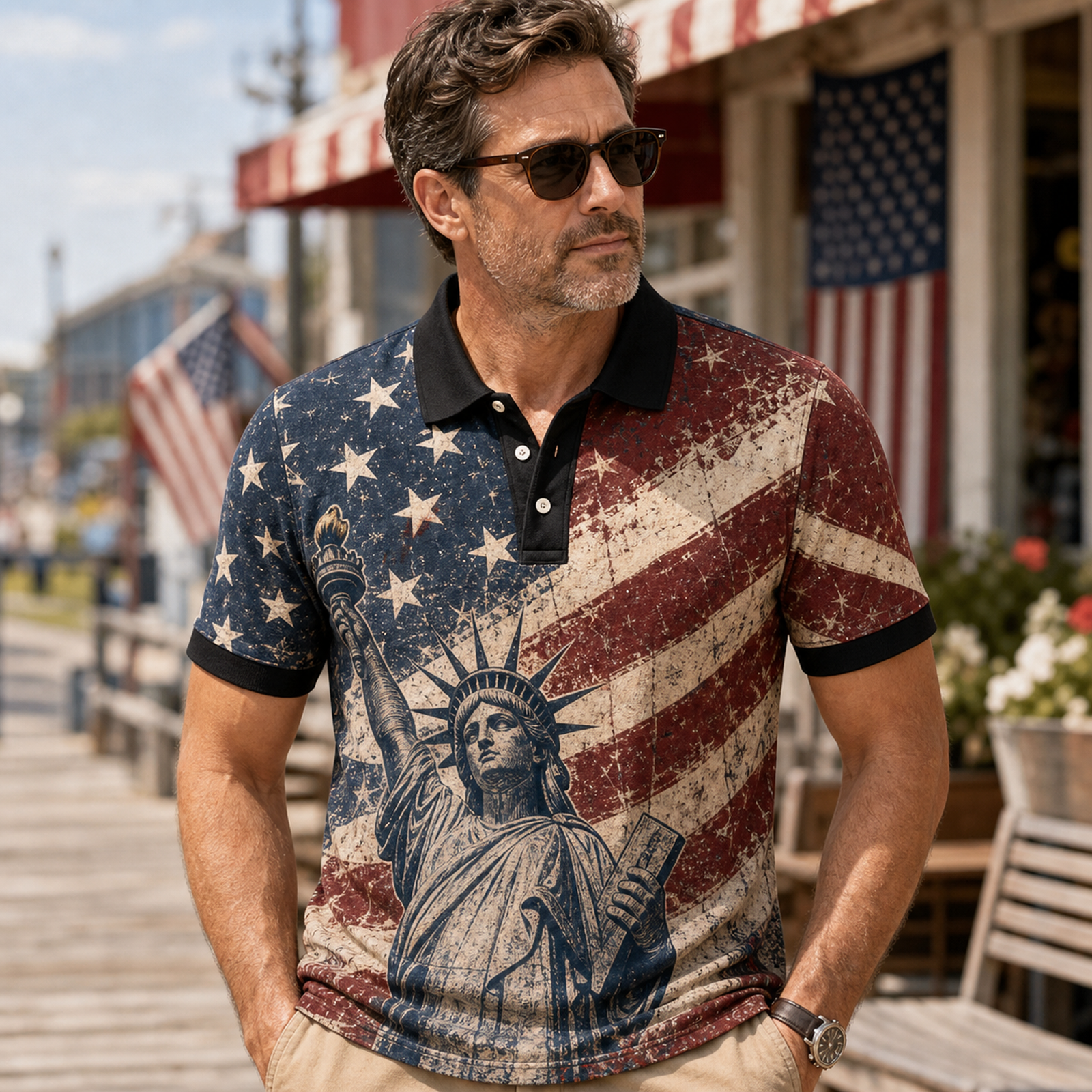 Man wearing patriotic Statue graphic short sleeve polo shirt