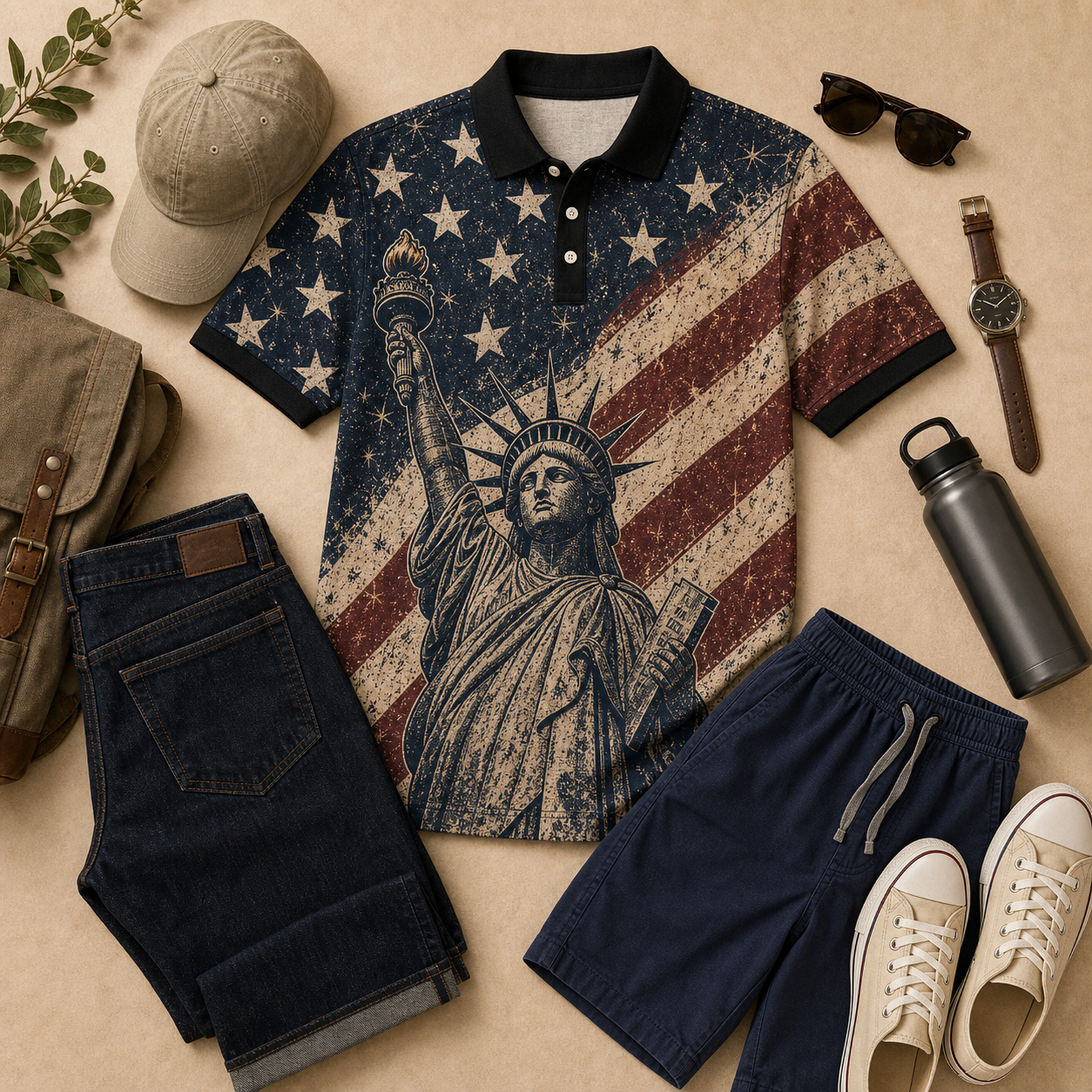 Flat lay outfit pairing with patriotic graphic short sleeve polo shirt