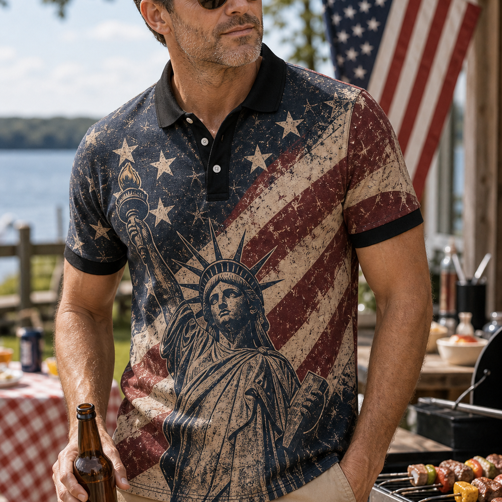 Outdoor scene with man wearing vintage patriotic graphic polo shirt