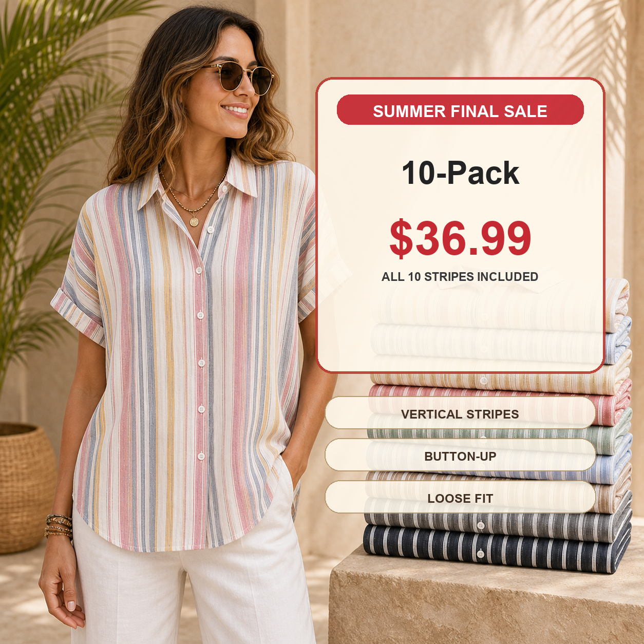 Women's Striped Short Sleeve Button-Up Shirt