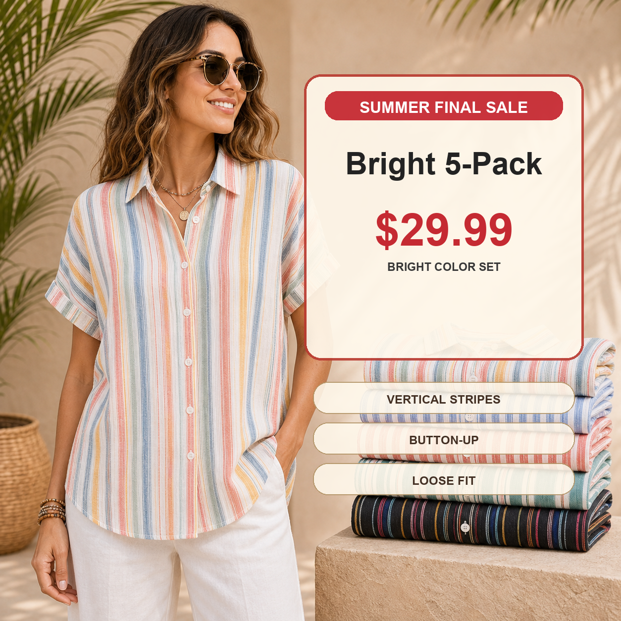 Women's Striped Short Sleeve Button-Up Shirt