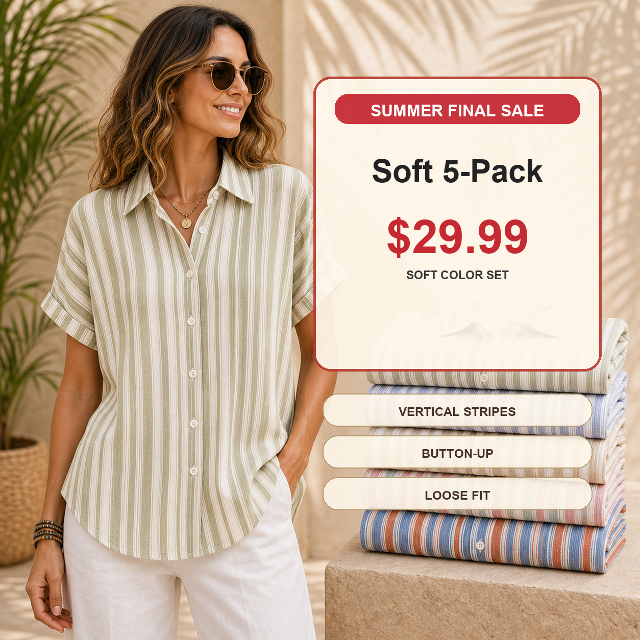 Women's Striped Short Sleeve Button-Up Shirt