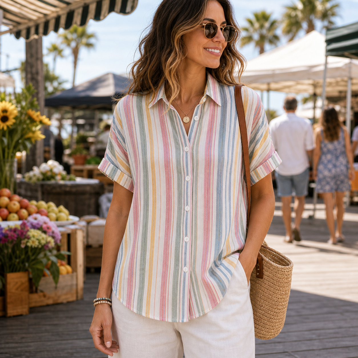 Women's Striped Short Sleeve Button-Up Shirt