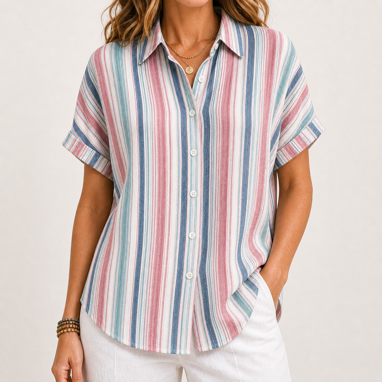 Women's Striped Short Sleeve Button-Up Shirt
