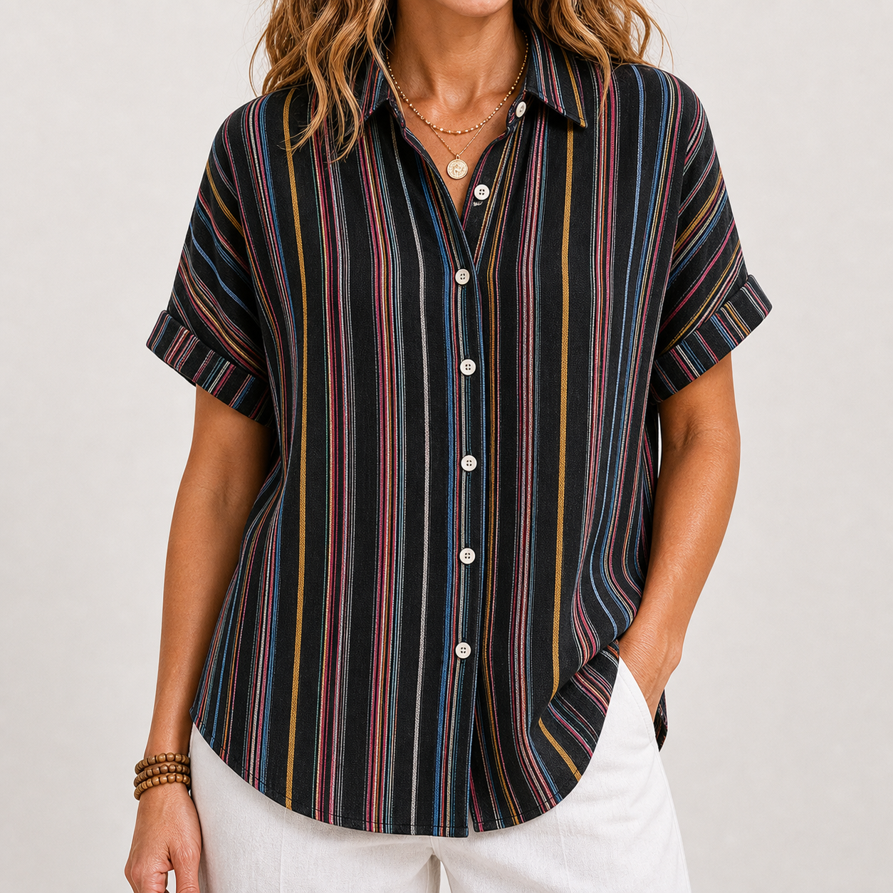 Women's Striped Short Sleeve Button-Up Shirt