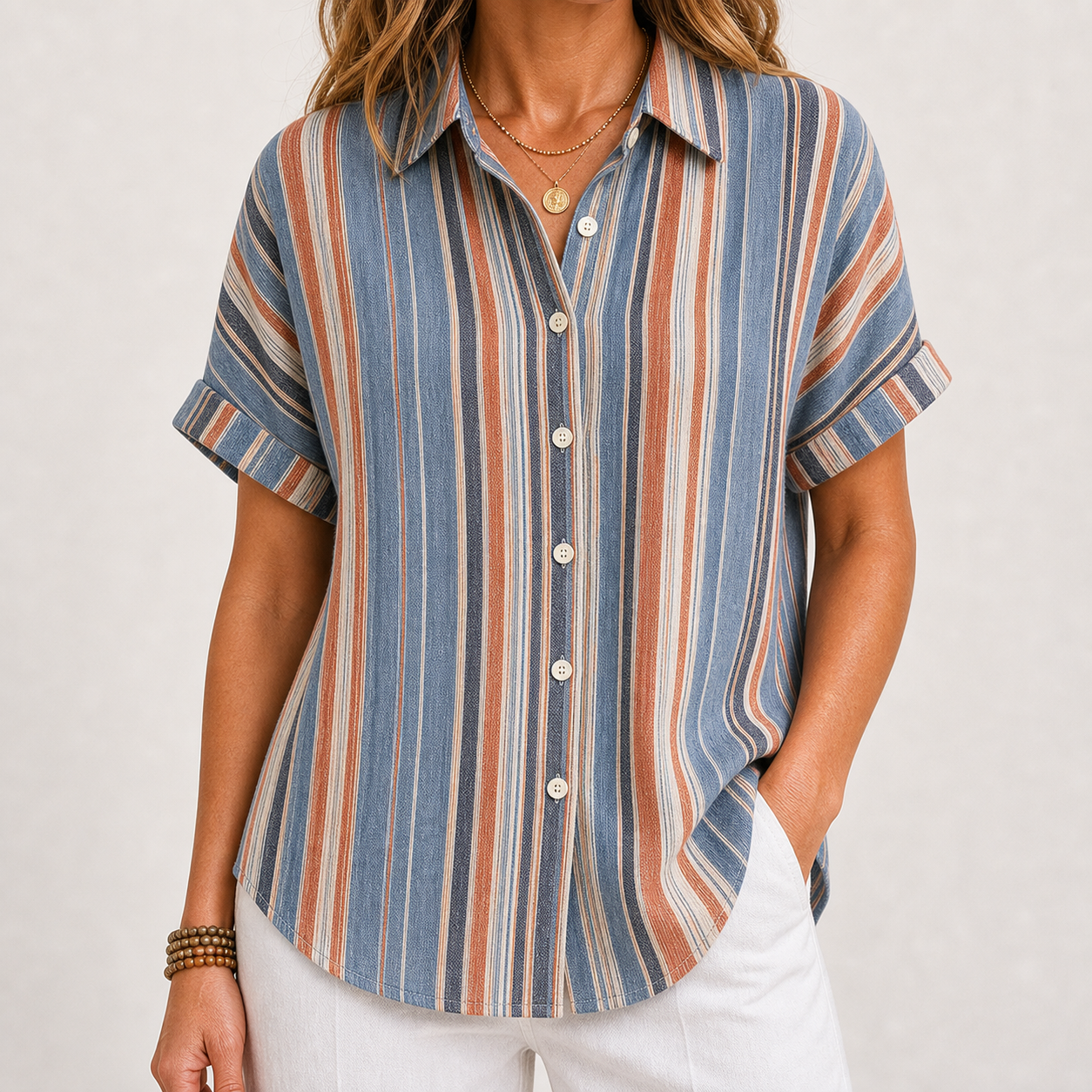 Women's Striped Short Sleeve Button-Up Shirt