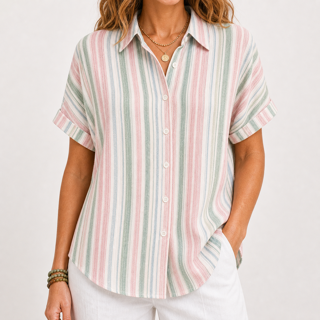 Women's Striped Short Sleeve Button-Up Shirt