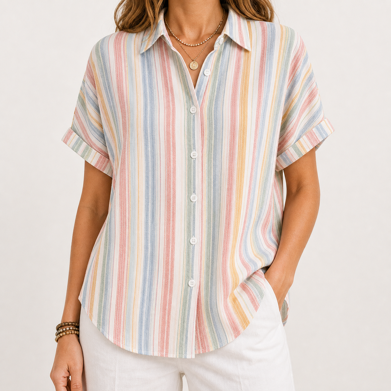Women's Striped Short Sleeve Button-Up Shirt