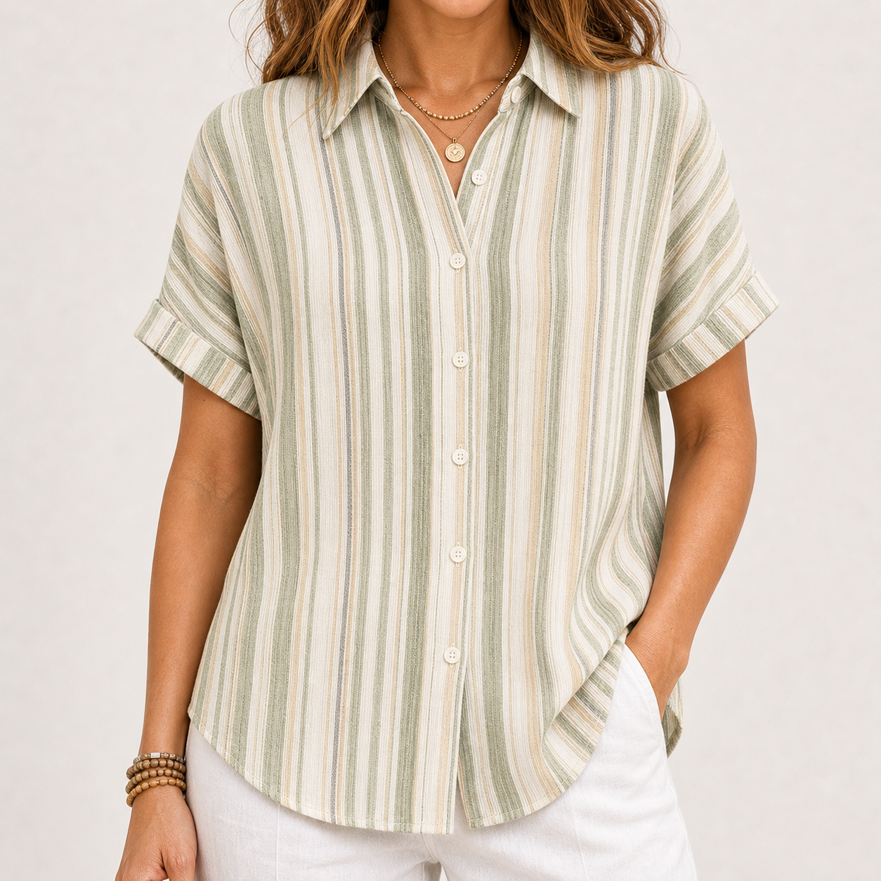 Women's Striped Short Sleeve Button-Up Shirt