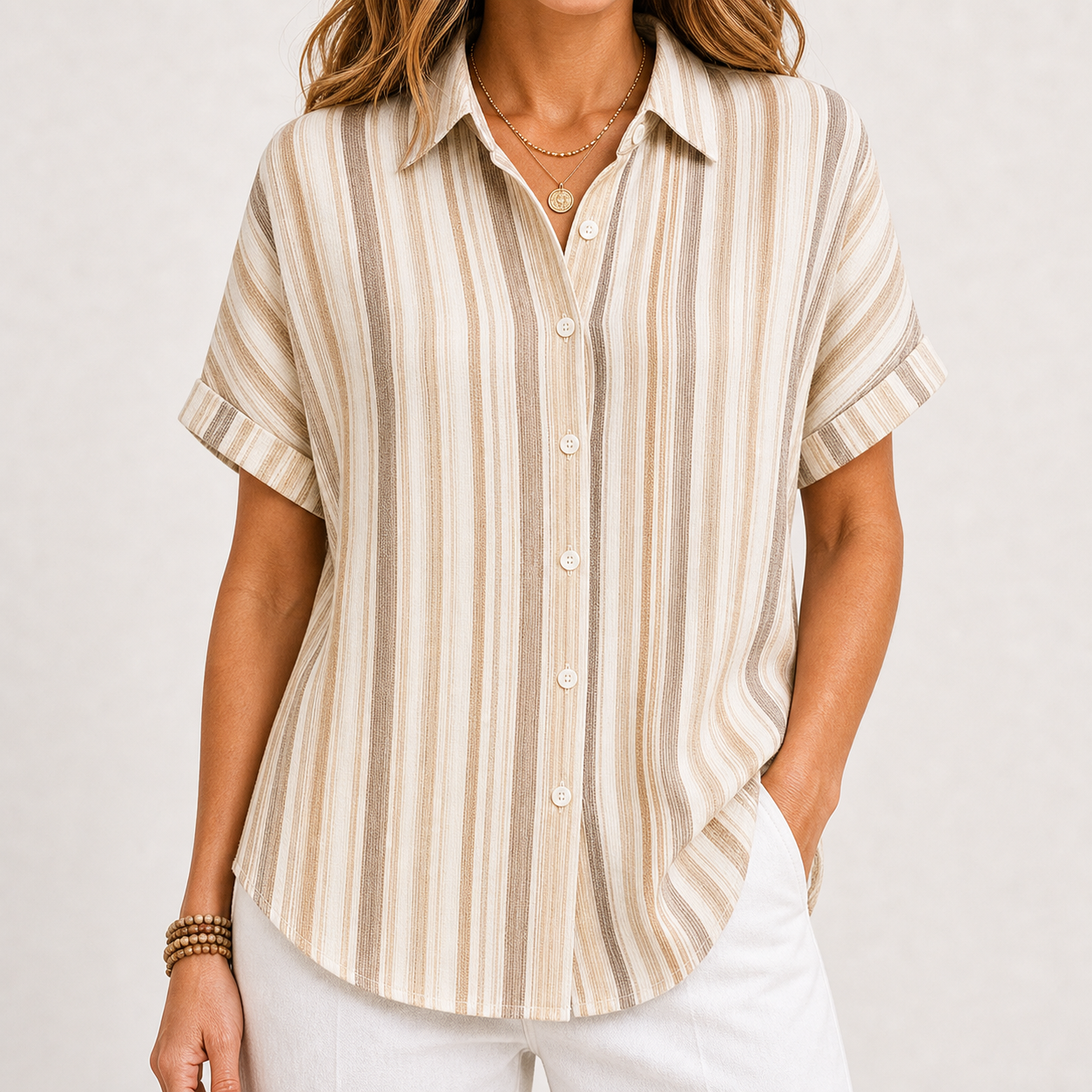 Women's Striped Short Sleeve Button-Up Shirt