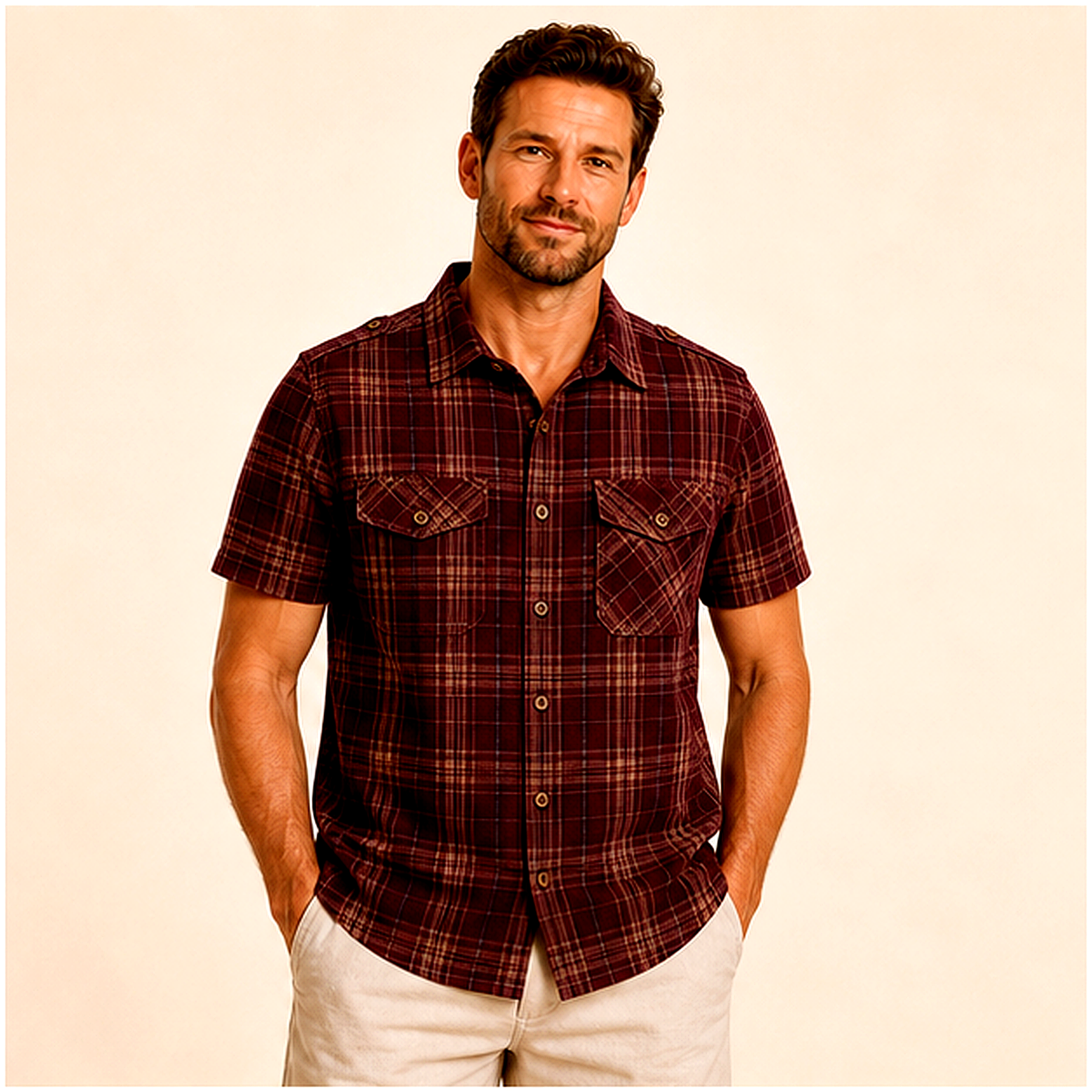 Men's Plaid Short Sleeve Utility Button-Up Shirt