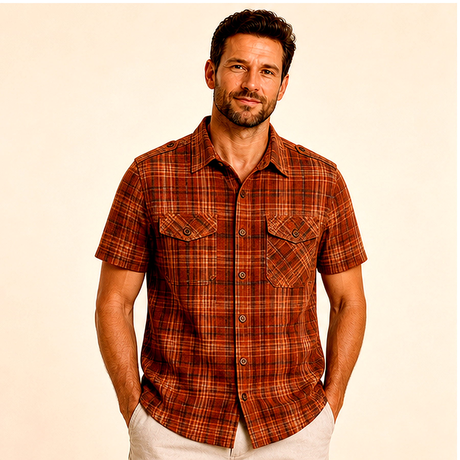 Men's Plaid Short Sleeve Utility Button-Up Shirt