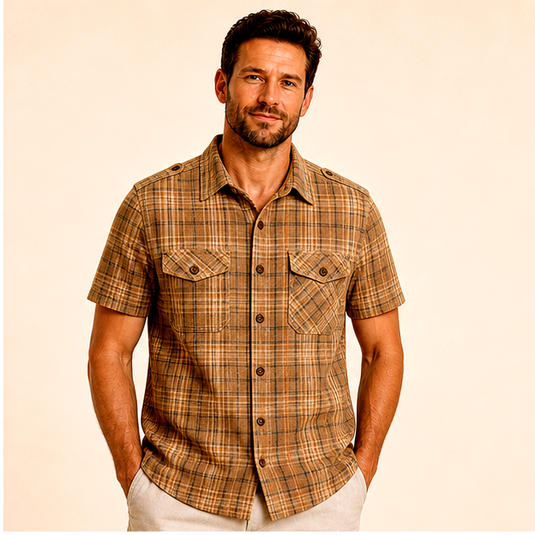Men's Plaid Short Sleeve Utility Button-Up Shirt