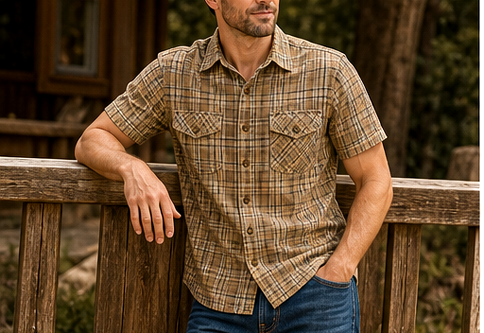Men's plaid utility shirt outfit pairing image