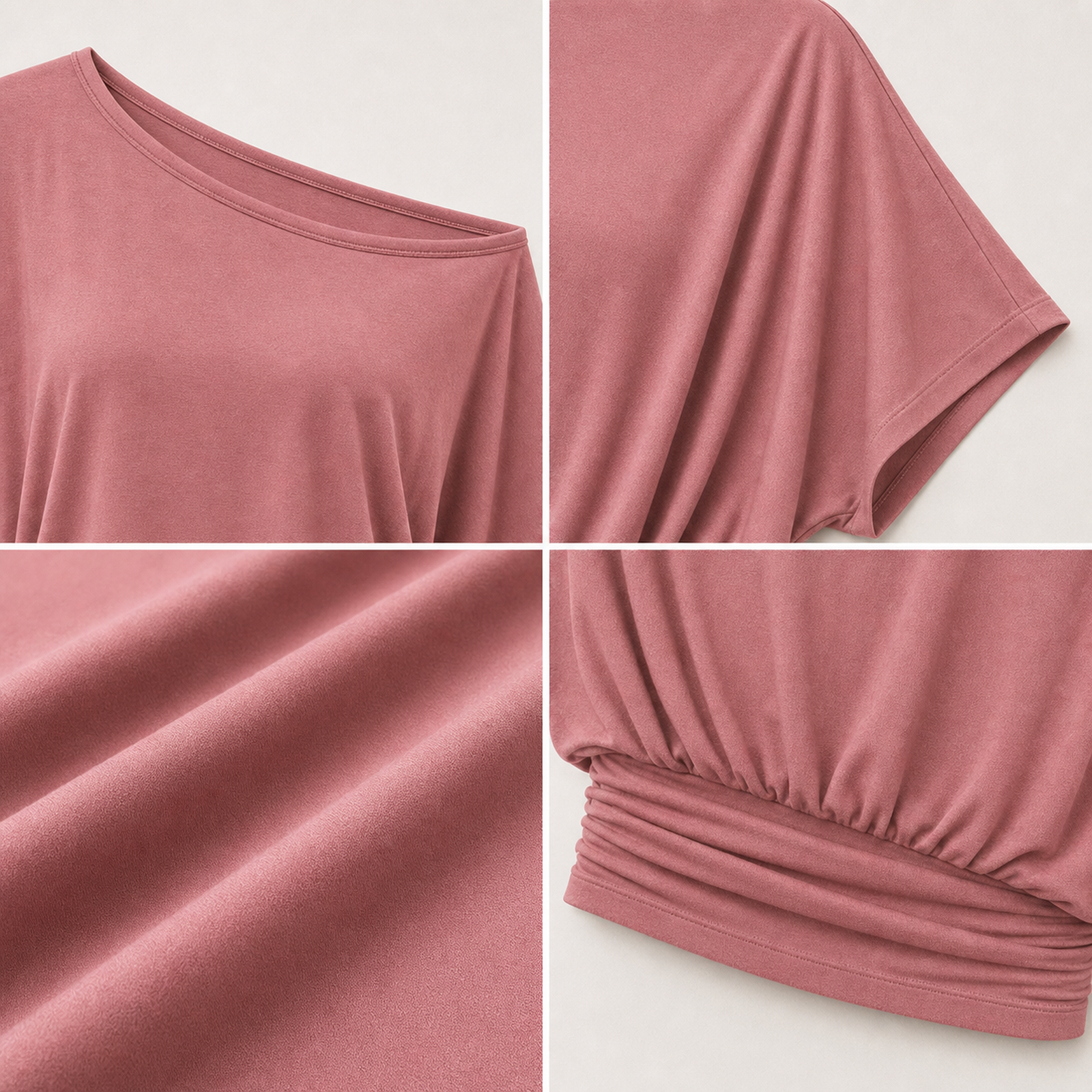 Close-up details of one shoulder neckline batwing sleeve drape fabric and gathered hem