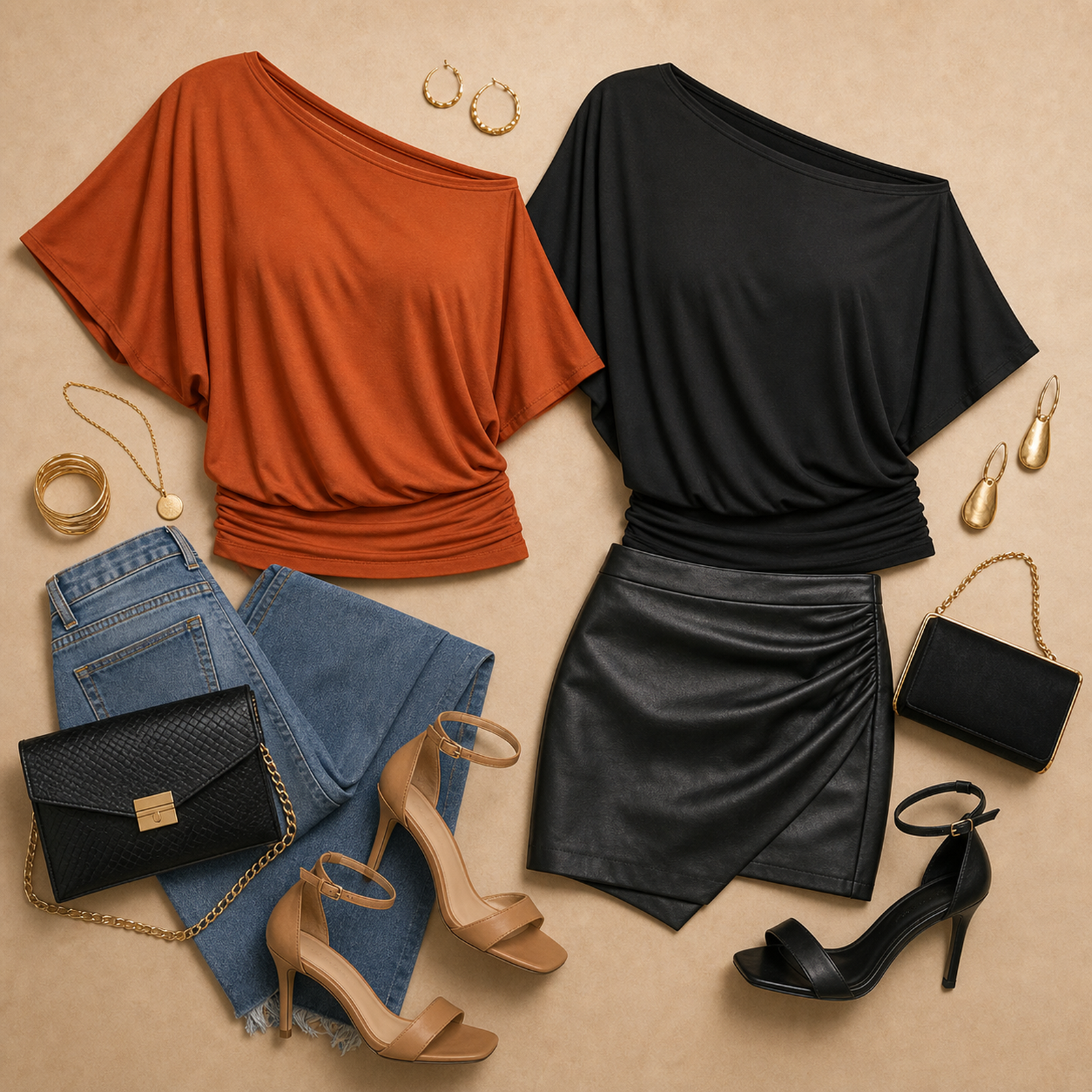Flat lay outfit pairing with one shoulder batwing short sleeve top