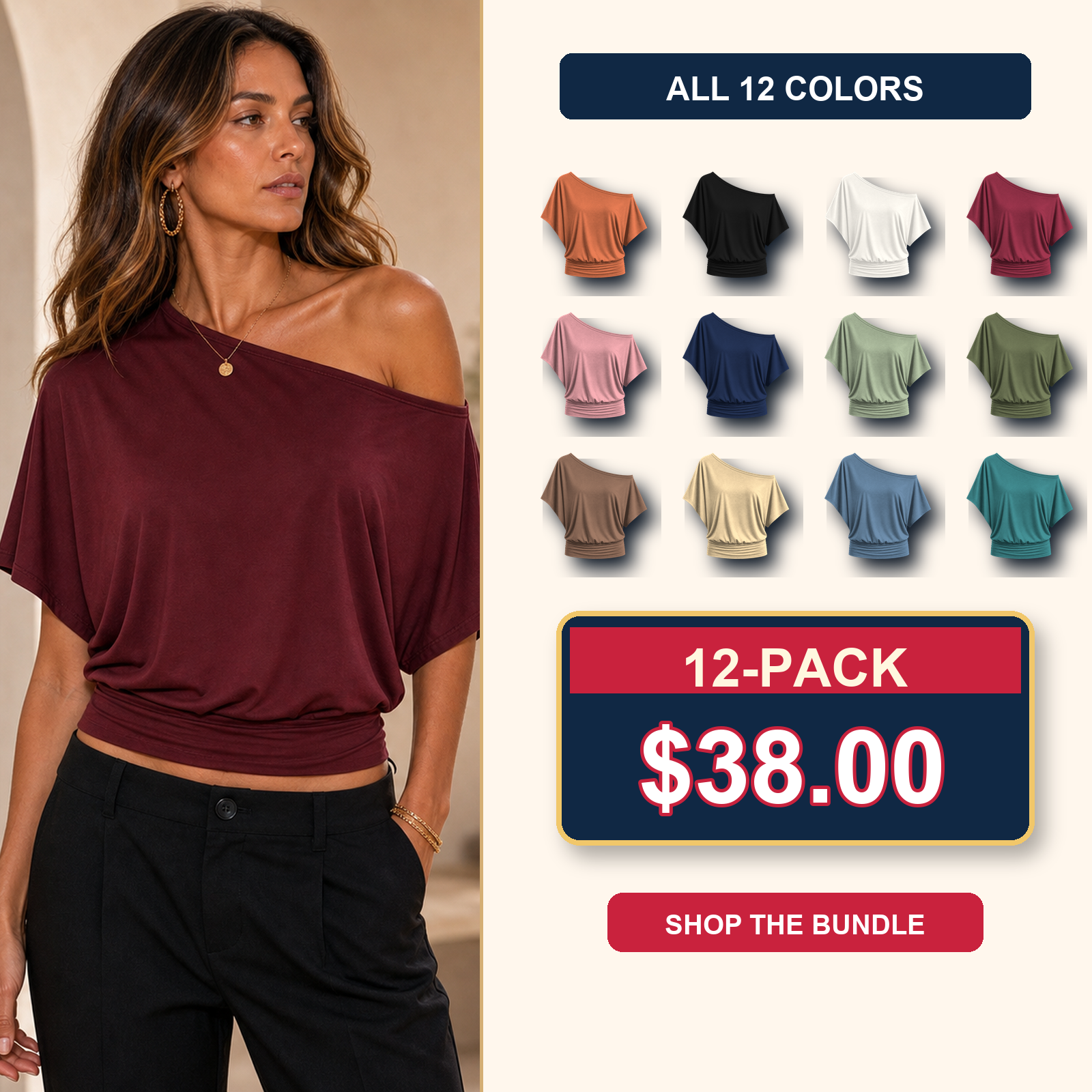Women's One Shoulder Draped Batwing Short Sleeve Top