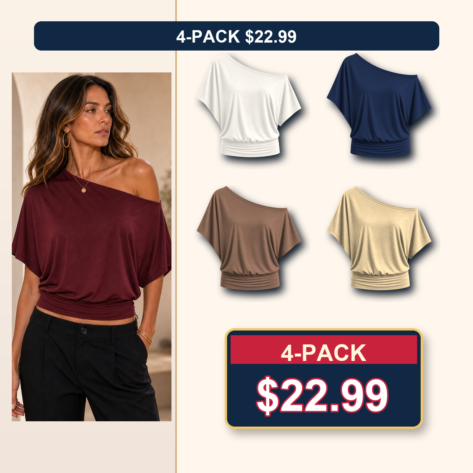 Women's One Shoulder Draped Batwing Short Sleeve Top