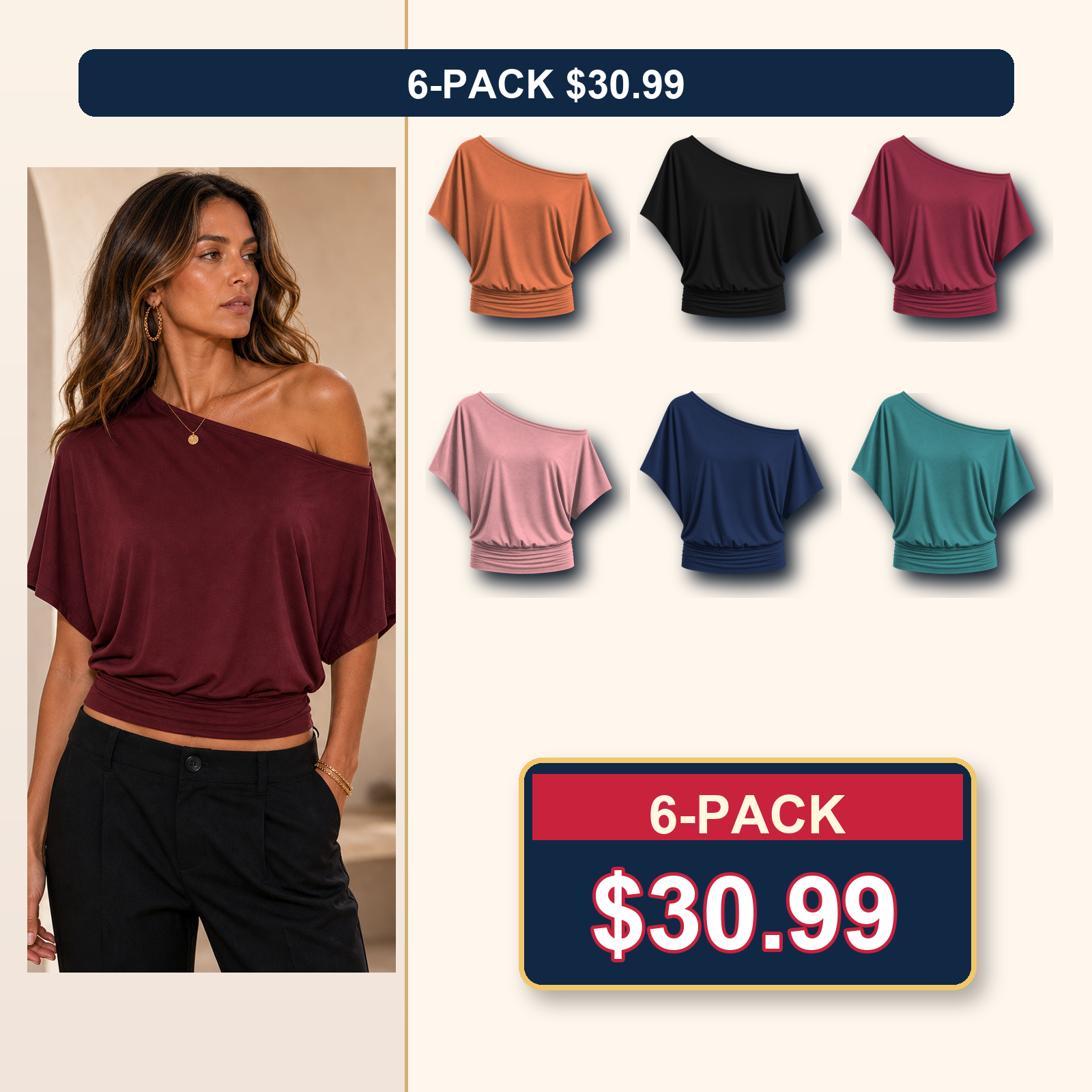 Women's One Shoulder Draped Batwing Short Sleeve Top