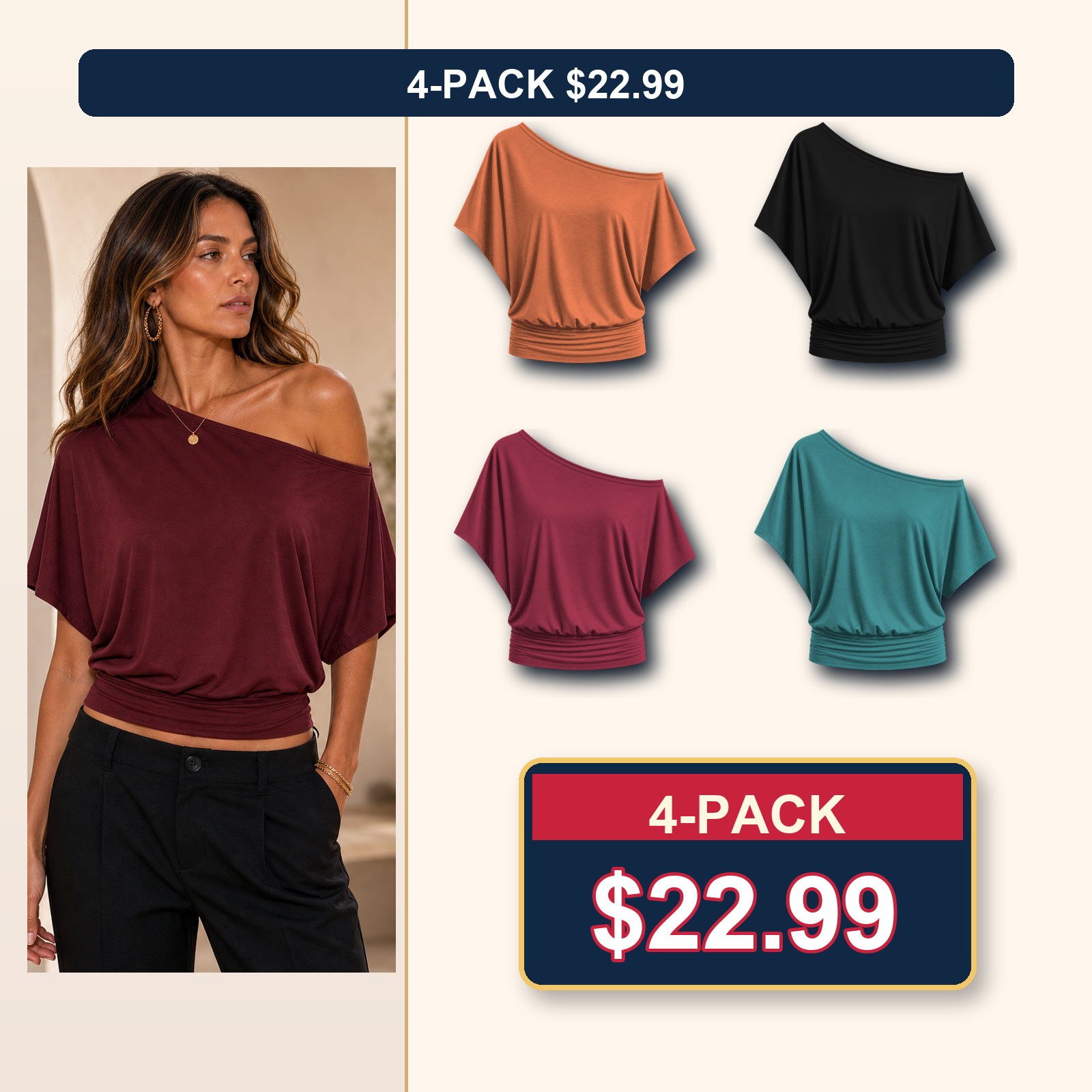 Women's One Shoulder Draped Batwing Short Sleeve Top