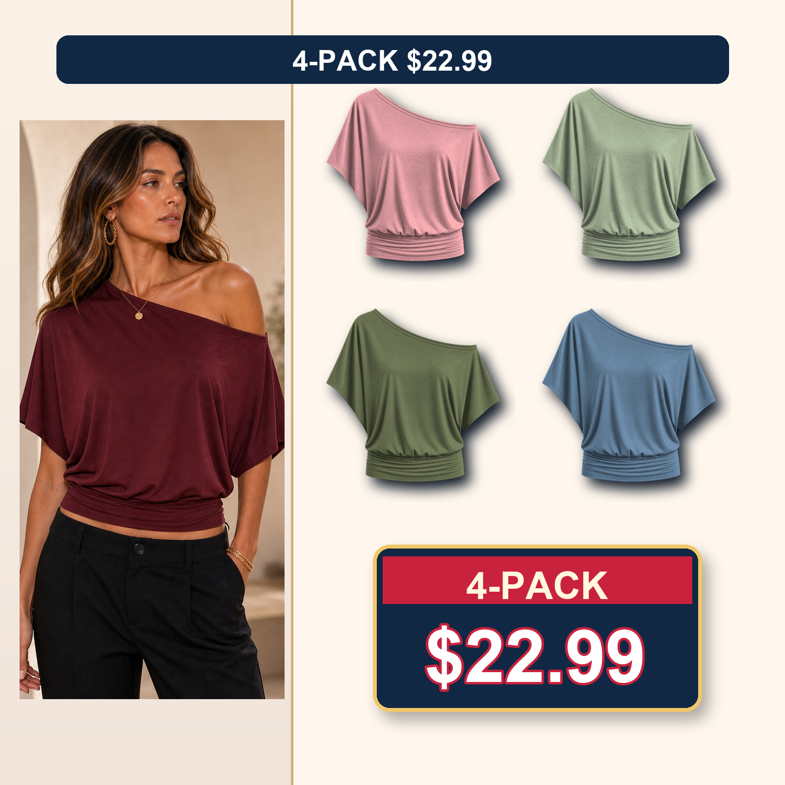 Women's One Shoulder Draped Batwing Short Sleeve Top