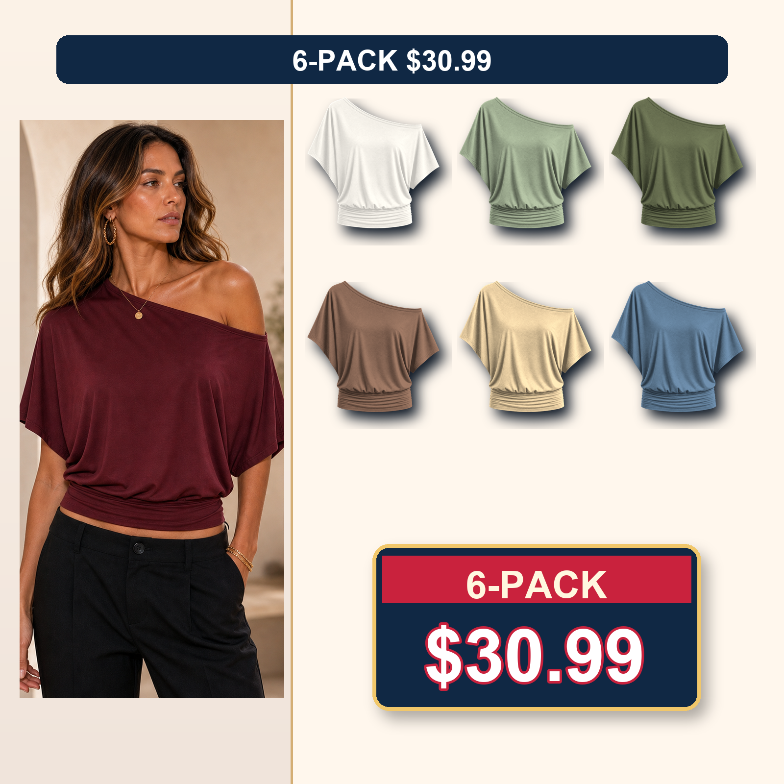 Women's One Shoulder Draped Batwing Short Sleeve Top