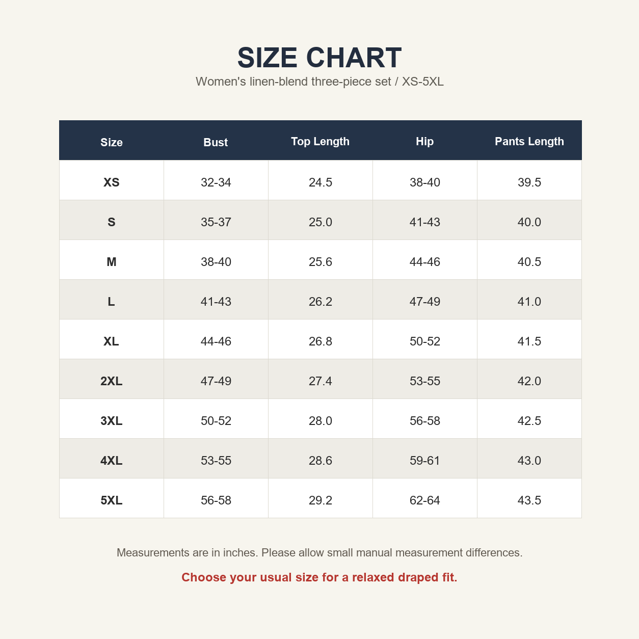 Women's linen blend three-piece set size chart XS-5XL