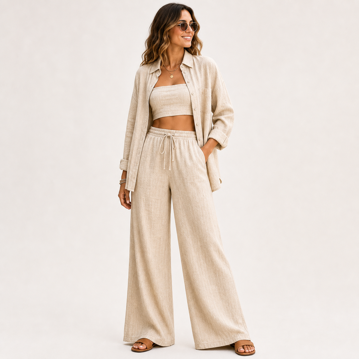 Women's Linen-Blend Three-Piece Shirt Crop Top and Wide-Leg Pants Set