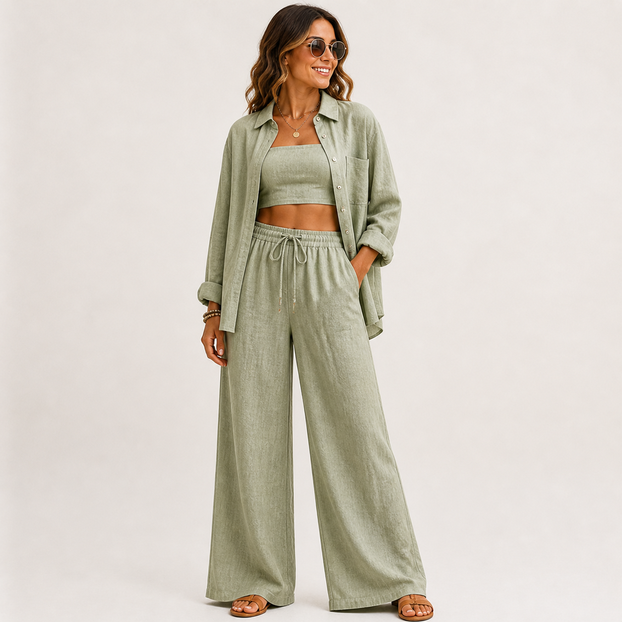 Women's Linen-Blend Three-Piece Shirt Crop Top and Wide-Leg Pants Set