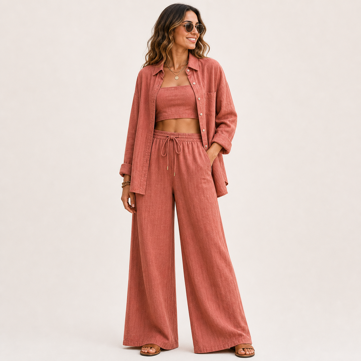 Women's Linen-Blend Three-Piece Shirt Crop Top and Wide-Leg Pants Set