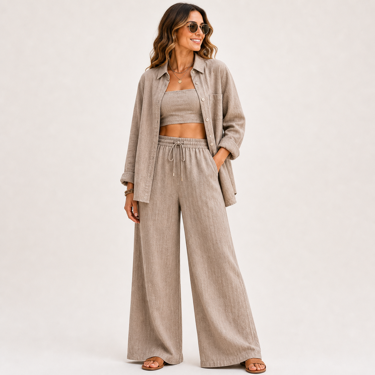 Women's Linen-Blend Three-Piece Shirt Crop Top and Wide-Leg Pants Set