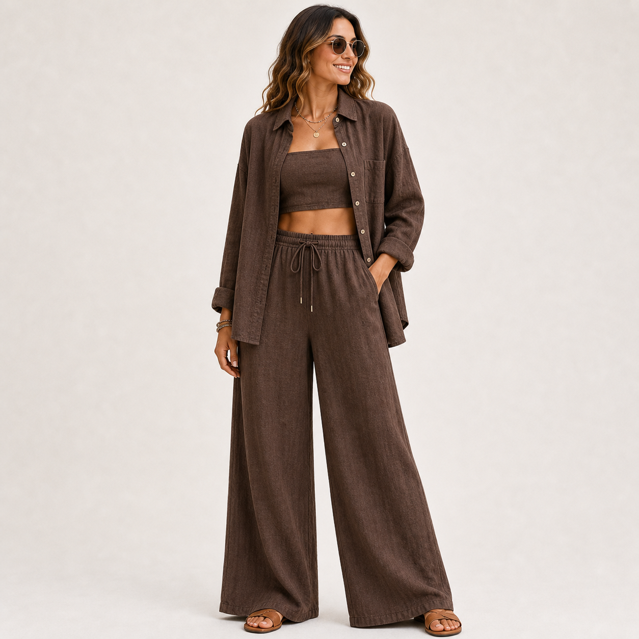 Women's Linen-Blend Three-Piece Shirt Crop Top and Wide-Leg Pants Set