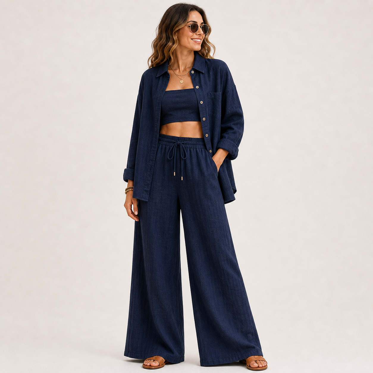 Women's Linen-Blend Three-Piece Shirt Crop Top and Wide-Leg Pants Set